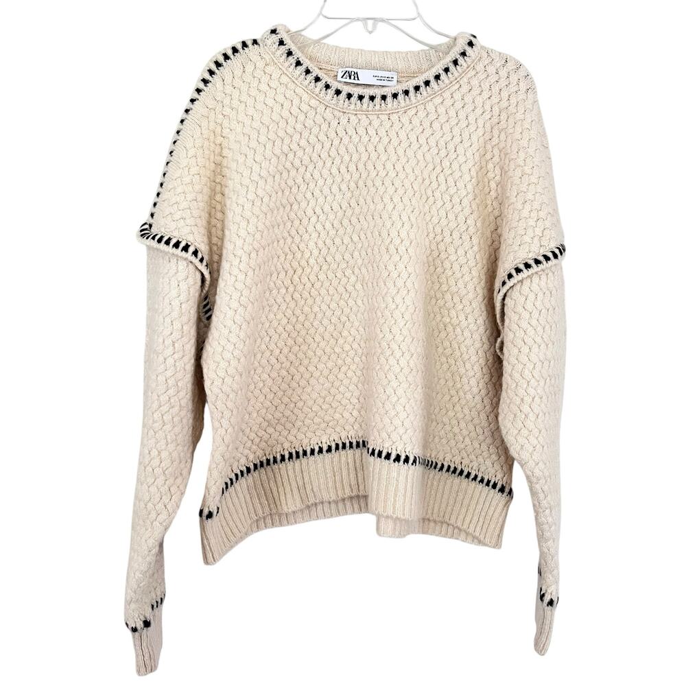 Zara Cream Contrast Topstitching Woven Knit Pullover Sweater Size Small